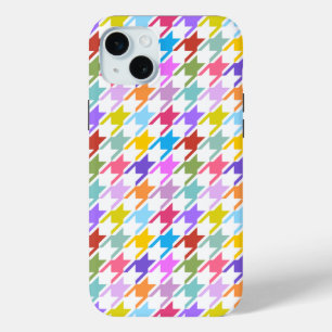Coque iPhone 15 Mini Multicolor Houndstooth+Motif blanc