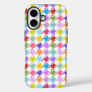 Coques iPhone 16 Multicolor Houndstooth+Motif blanc