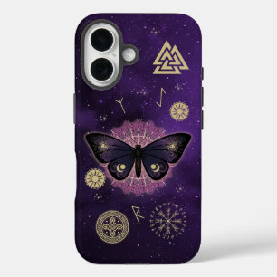 Coques iPhone 16 Mystic Moth & Norse Runes sur Cosmic Purple