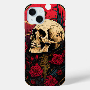 Coque Pour iPhone 15 Mystic Skull Red Roses sur Skeleton Dark Academia