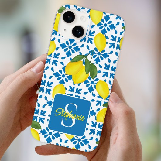 Coques Case-Mate iPhone Name Monogram French Country Tile Lemon Pattern 