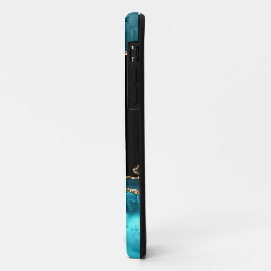 Coques Case-Mate iPhone Name & Monogram, Teal Black Agate, Gold Grey Text (Dos/Gauche)