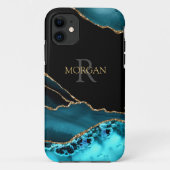 Coques Case-Mate iPhone Name & Monogram, Teal Black Agate, Gold Grey Text (Dos)