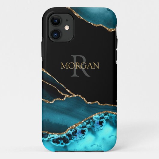 Coques Case-Mate iPhone Name & Monogram, Teal Black Agate, Gold Grey Text (Dos)