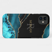 Coques Case-Mate iPhone Name & Monogram, Teal Black Agate, Gold Grey Text (Dos (Horizontal))