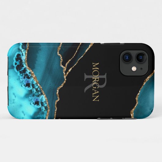 Coques Case-Mate iPhone Name & Monogram, Teal Black Agate, Gold Grey Text (Dos (Horizontal))