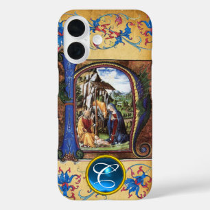 COQUES iPhone 16 NATIVITÉ CHRISTMAS PARCHMENT BLUE GEM MONOGRAM