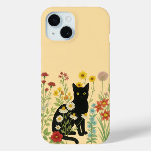 Coque Pour iPhone 15 Nature botanique – Chat noir dans un jardin de fle