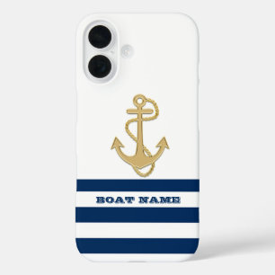 Coques iPhone 16 Nautique, Ancre d'or Bleu Bleu Bleu Blancs
