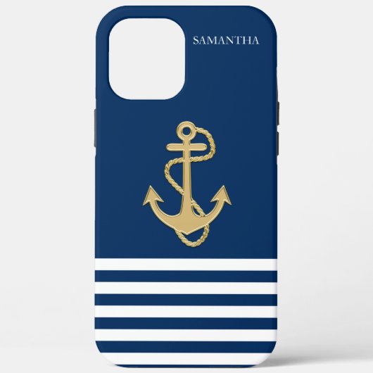 Coques Case-Mate iPhone Nautique, Ancre d'or Marine Bleu Coque-Mate rayé (Verso)