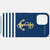 Coques Case-Mate iPhone Nautique, Ancre d'or Marine Bleu Coque-Mate rayé (Verso (horizontal))