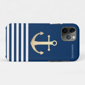 Coques Case-Mate iPhone Nautique, Ancre Dorée Rayé Bleu Marine (Dos (Horizontal))