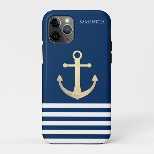 Coques Case-Mate iPhone Nautique, Ancre Dorée Rayé Bleu Marine (Dos)
