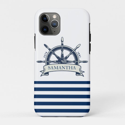 Coques Case-Mate iPhone Nautique, Bateau Roue, Bleu Bleu Marine Blancs (Dos)