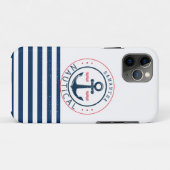 Coques Case-Mate iPhone Nautique, nom de bateau, ancrage bleu marine rayé (Dos (Horizontal))