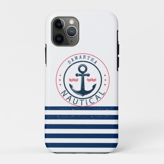 Coques Case-Mate iPhone Nautique, nom de bateau, ancrage bleu marine rayé (Dos)