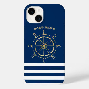 Coque Pour iPhone 14 Nautique, Roue de bateau dorée, Rayures bleu marin