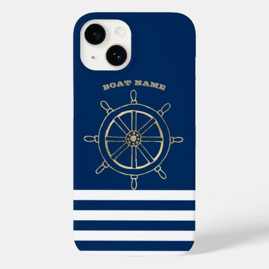 Coques Case-Mate iPhone Nautique, Roue de bateau dorée, Rayures bleu marin (Verso)