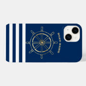 Coques Case-Mate iPhone Nautique, Roue de bateau dorée, Rayures bleu marin (Verso (horizontal))