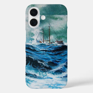 Coques iPhone 16 Navire en mer dans la tempête / Bleu de marine