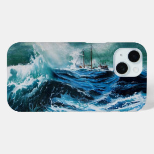 Coque Pour iPhone 15 Navire en mer dans la tempête / Bleu de marine