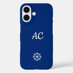 Coques iPhone 16 Navires nautiques Roue Bleu+Blanc (Personnaliser)