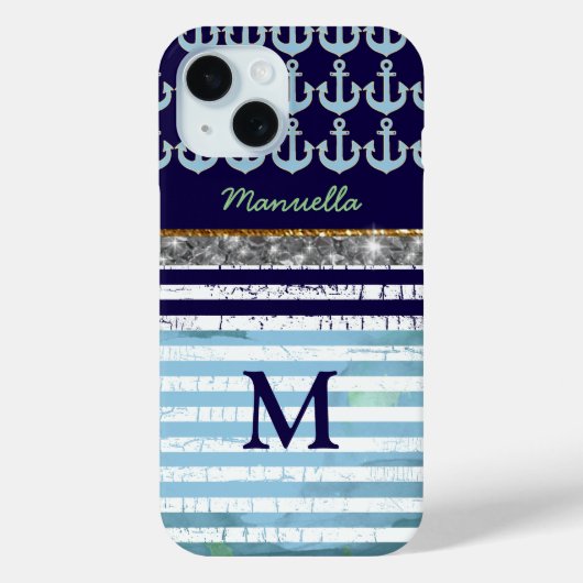Coques Case-Mate iPhone Navy Blue Stripes nom personnalisé/initiale (Verso)