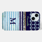 Coques Case-Mate iPhone Navy Blue Stripes nom personnalisé/initiale (Verso (horizontal))