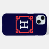 Coques Case-Mate iPhone Navy, cadre grec rouge corail Monogramme initial # (Verso (horizontal))