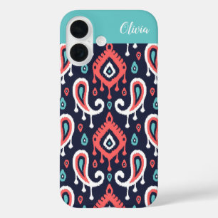 Coques iPhone 16 Navy et Coral Ikat Paisley Monogramme