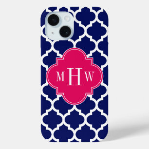 Coque Pour iPhone 15 Navy Wht Marocain #5 Framboise 3 Monogramme Initia