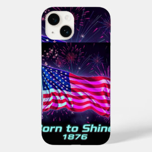 Coque Pour iPhone 14 Né à Shine - 1776 Neon Glitch Drapeau américain Ph