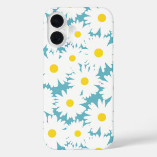 Coques iPhone 16 Négative Space Daisies blanc jaune sur bleu