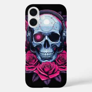 Coques iPhone 16 Neon Cyber Mort Crâne et Rose Noir