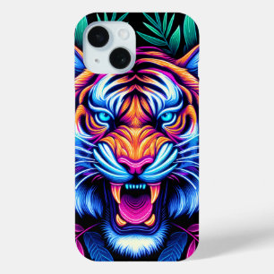 Coque Pour iPhone 15 Neon Tiger et feuilles de la jungle