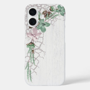 Coques iPhone 16 Net nautique et fleurs sur bois blanchi