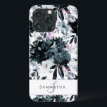 Case-Mate iPhone Case Nocturne Floral Aquarelle marine Monogramme person<br><div class="desc">Aquarelle florale marine bleu gris foncé Motif avec des fleurs peintes à la main Boho, des plumes, et beaucoup de gris coloré, bleu marine, bleu Dusty, rose mauve, violet lavande, argent, feuilles et feuillage de charbon de bois. Avec éléments de ligne à main, polices à main Tourbillonnant et cadre de...</div>