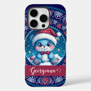 Coques iPhone 16 Pro Noël personnalisé Kawaii Ours Dot Mandala