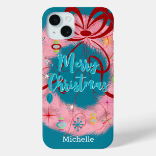 Coque iPhone 15 Mini Noël rétro de la couronne rose