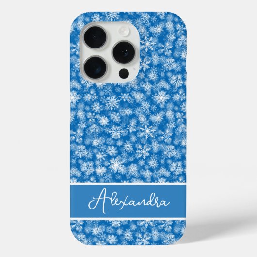 Coques Case-Mate iPhone Noël Snowflakes Bleu blanc Nom personnalisé (Verso)