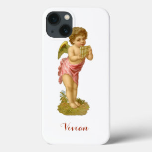 Etui iPhone 13 Noël vintage, ange musicien avec flûte de Pan