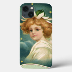 Etui iPhone 13 Noël vintage, ange victorien avec étoiles dorées