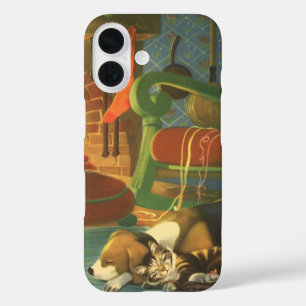 Coques iPhone 16 Noël Vintage, Animaux Endormis près de la Cheminée