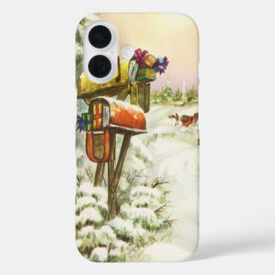 Coques iPhone 16 Noël vintage, boîtes aux lettres dans un paysage h