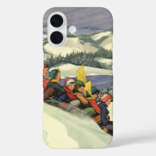 Coques iPhone 16 Noël vintage, enfants faisant de la luge sur une m