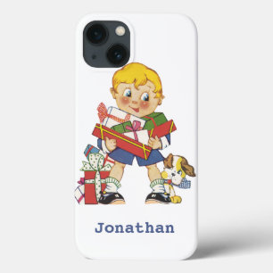 Coques Pour iPhone Noël vintage, garçon avec cadeaux et chiot
