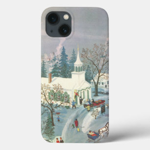 Etui iPhone 13 Noël vintage, gens allant à l'église dans la neige