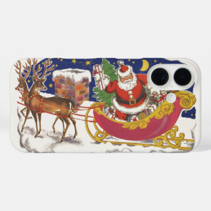 Coques iPhone 16 Noël Vintage, Jolly Santa Claus avec Sleigh