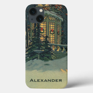 Coques Pour iPhone Noël vintage, maison aux couronnes dans les fenêtr