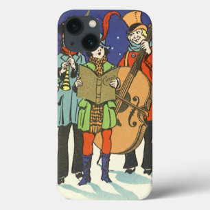 Etui iPhone 13 Noël vintage, musiciens chantant des chants avec d